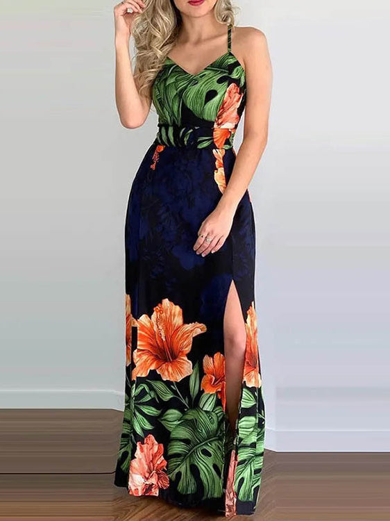 Tropical Print Slit Crisscross Backless Maxi Dress