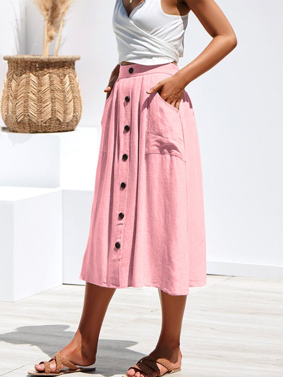 A-lined Buttons Knee Length Midi Skirt with Pockets
