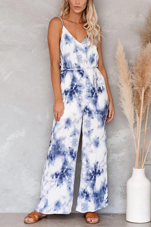 Blue and White Tie Dye Wide Leg Jumpsuit