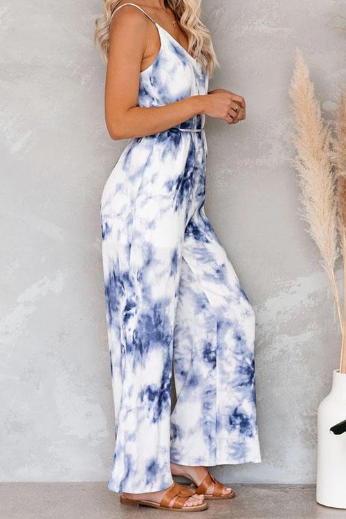 Blue and White Tie Dye Wide Leg Jumpsuit