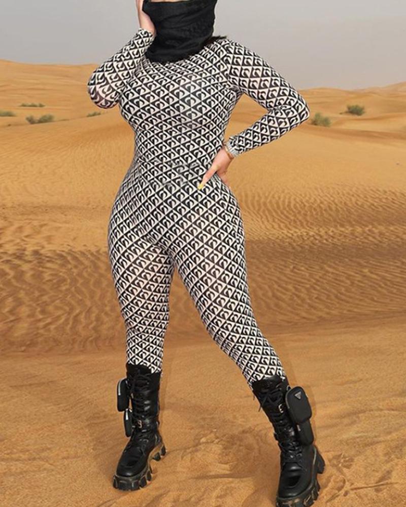Allover Print Round Neck Long Sleeve Skinny Jumpsuit