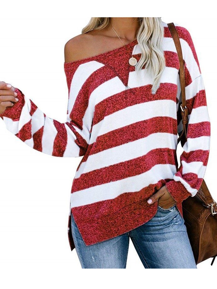 Off Shoulder Stripped Long Sleeve Casual Tops