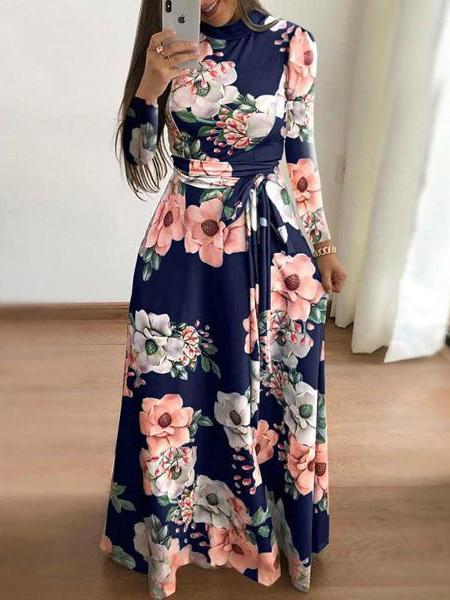 Casual Long Sleeve Boho Flower Print Long Maxi Dress
