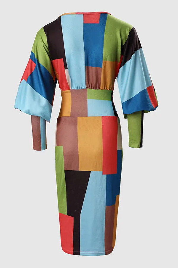 Malani Color Block Lantern Sleeve Midi Dress
