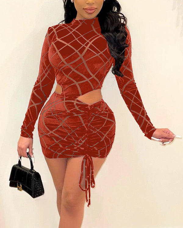 Allover Geo Print Cutout Waist Drawstring Mini Dress