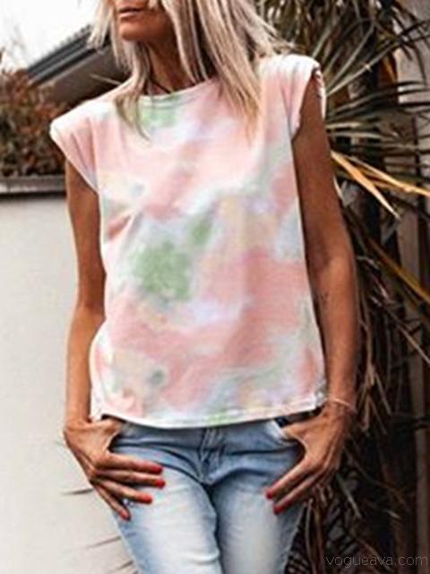 Tie-dye Round Neck T Shirt Without Shoulder Pads