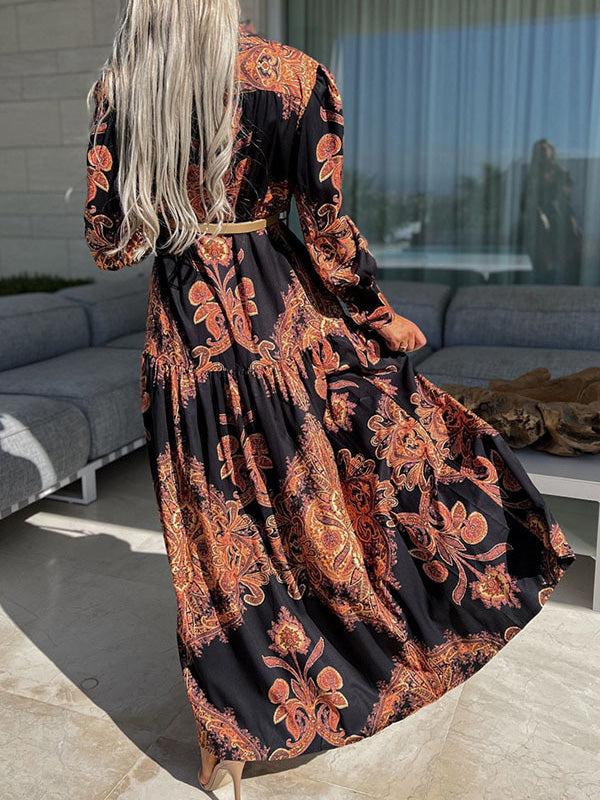 Women's Dresses Vintage Print Long Sleeve Slit Dress