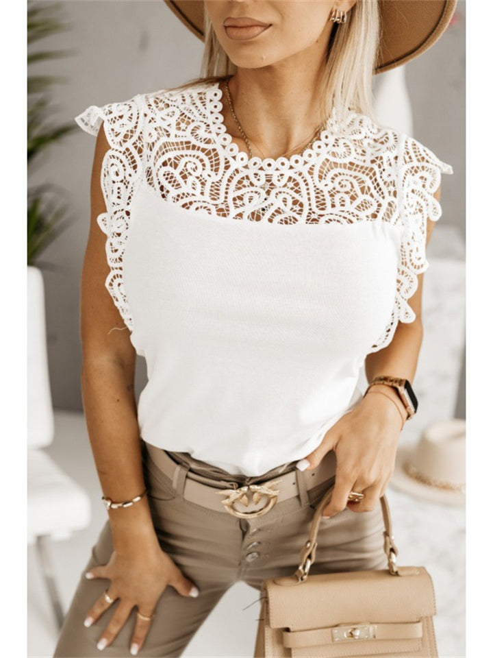 New Lady Sweet Lace Lace Shoulder Ruffle Collar Solid Color Slim Type Sexy Style Hollow Sleeveless Lace Pullover T-shirt