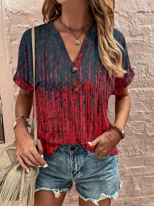 Spring and Summer New Women's Loose Type V-neck Tops Printed Twist Buckle Fashion Short-sleeved Female Sweet and Fresh