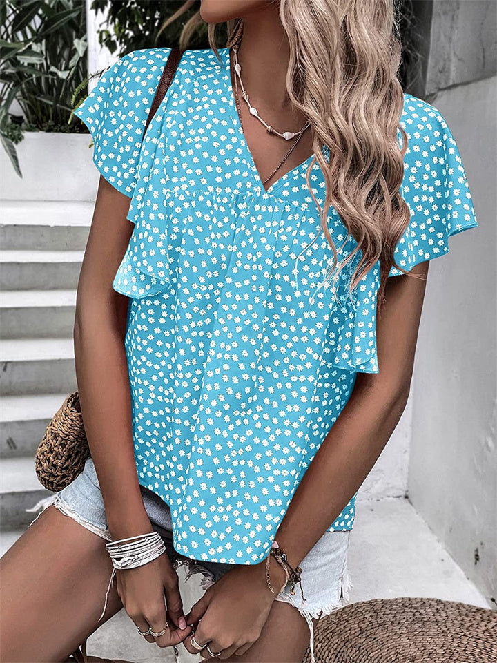 Summer Women's Bohemian Wind Top Floral V-neck Ruffle Short-sleeved Casual Comfortable T-shirt Commuter Style Shirt Female