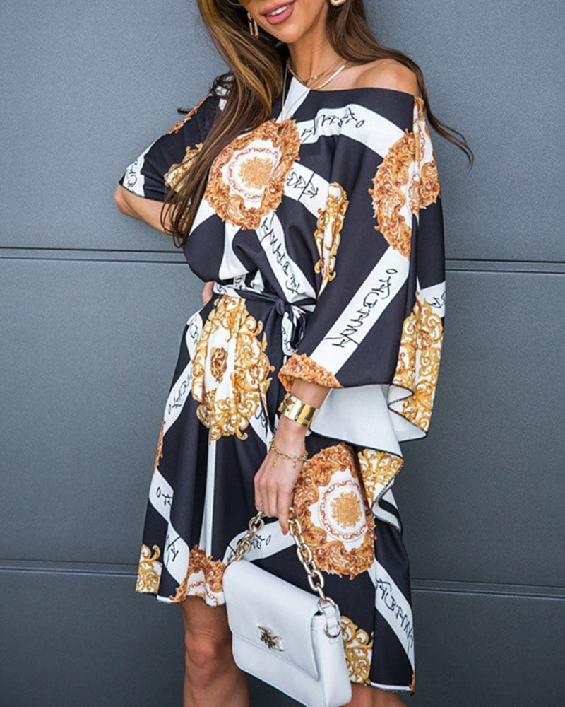 Baroque Print Asymmetrical Tied Front Dress