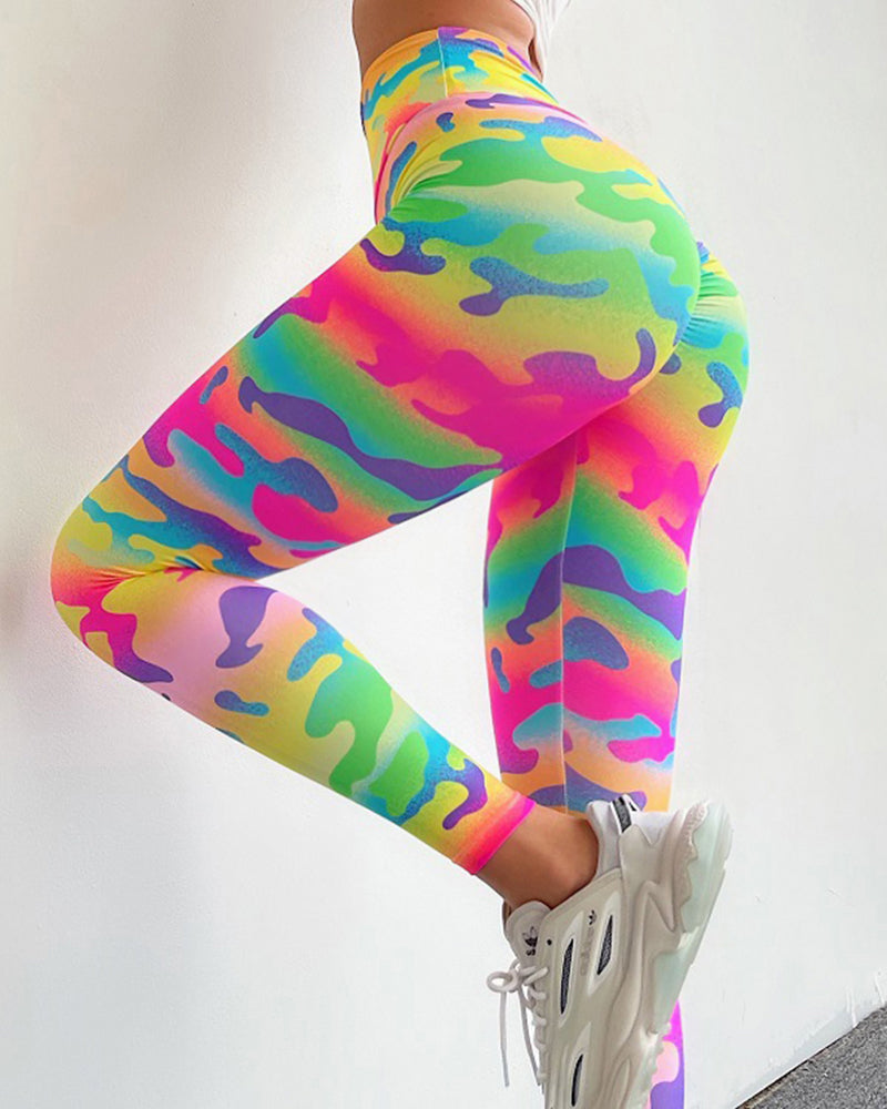 Allover Print Ruched Butt Lifting Sports Leggings