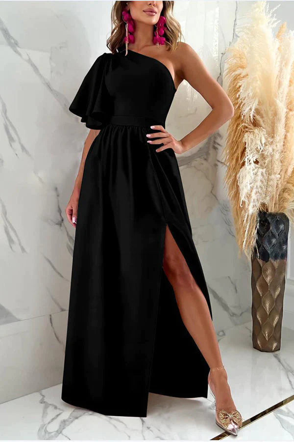 A Point In Time One Shoulder Ruffle Slit Maxi Dress