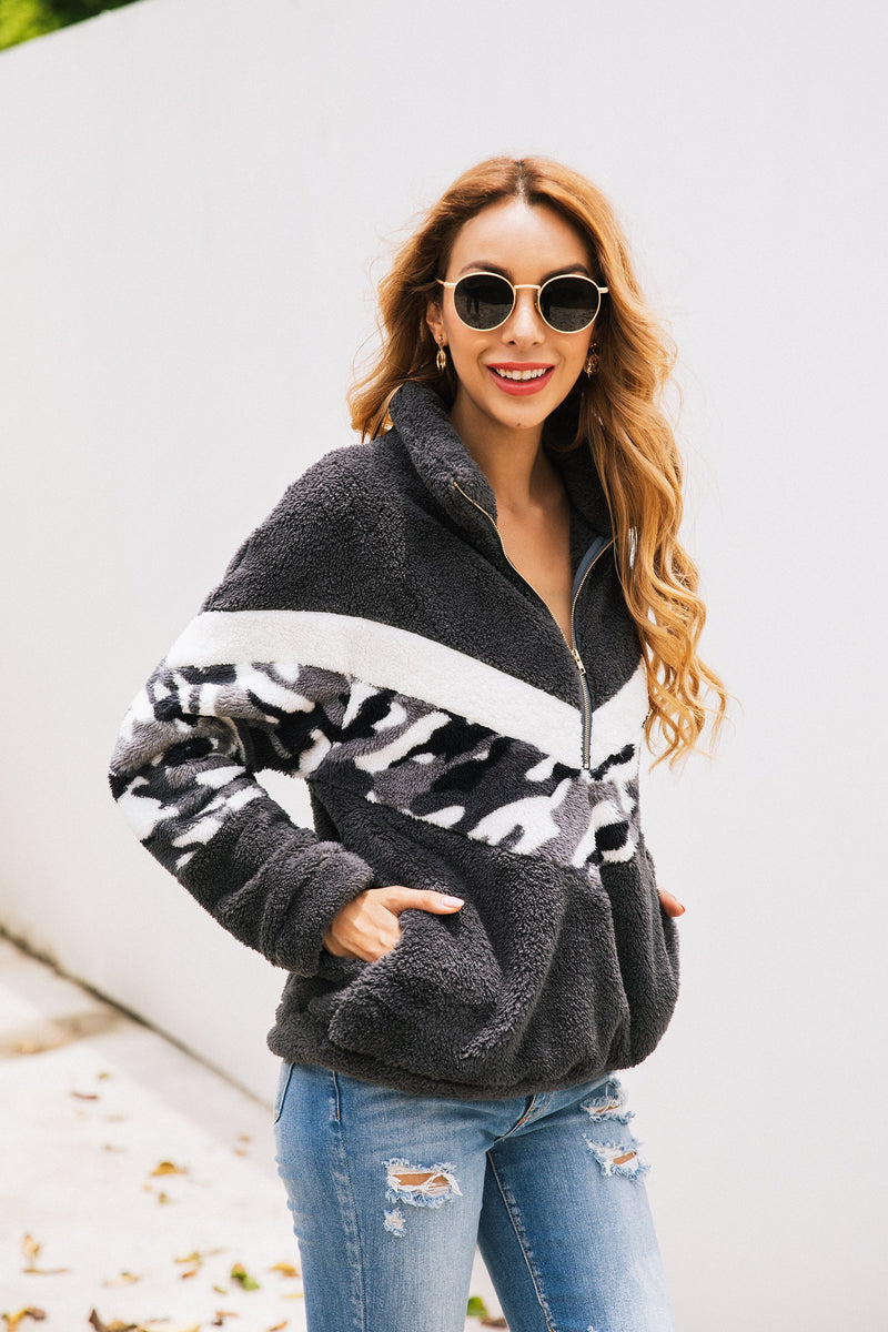 Long Sleeve Zipper Sherpa Sweatshirt Pullover