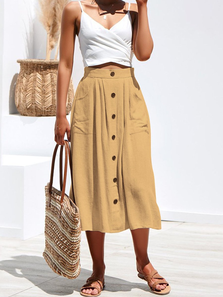 A-lined Buttons Knee Length Midi Skirt with Pockets