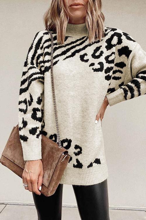 Turtleneck Stripes Leopard Sweater Dress