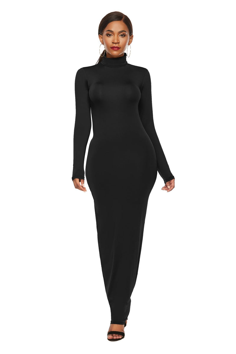Turtleneck Long Sleeve Solid Color Bodycon Maxi Dress