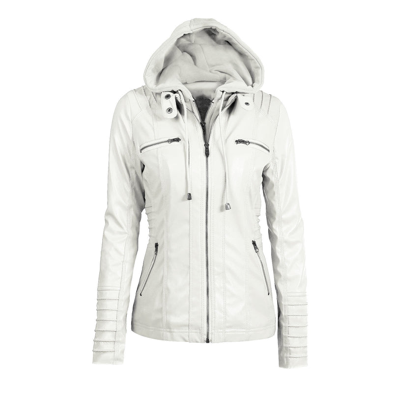 Casual Stand Collar Detachable Hood PU Leather Jacket