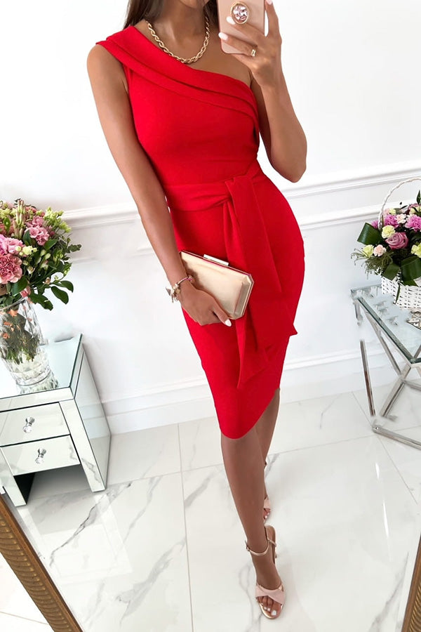A Heartbeat Song One Shoulder Belted Midi Dress