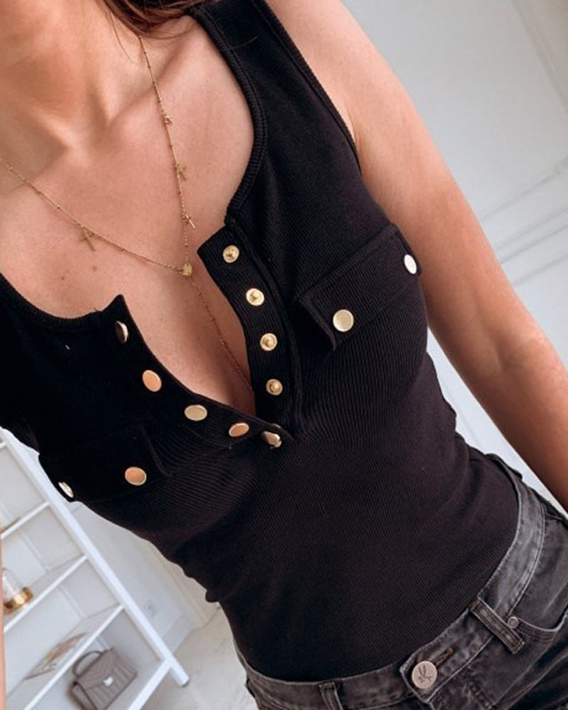 Solid Ribbed Button Front Tank Blouse