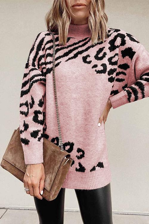 Turtleneck Stripes Leopard Sweater Dress