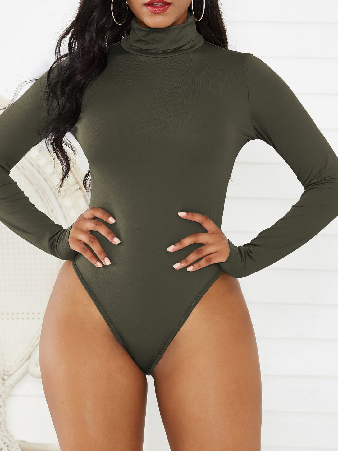 Sexy Solid Turtle Neck Long Sleeve Bodysuit