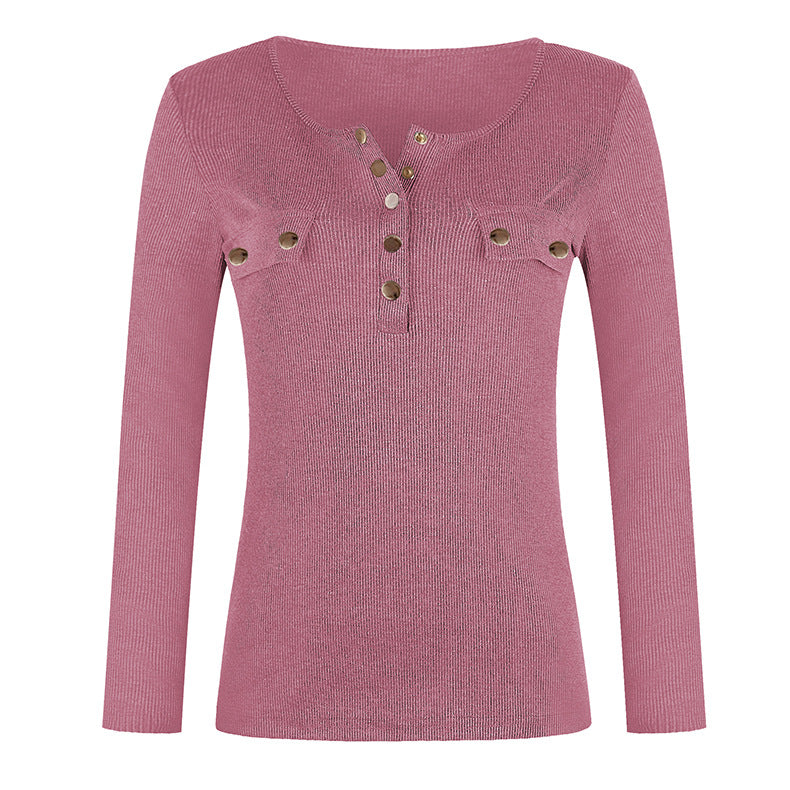Fashion Long Sleeve Solid Color Button-s Ribbed Slim Blouse