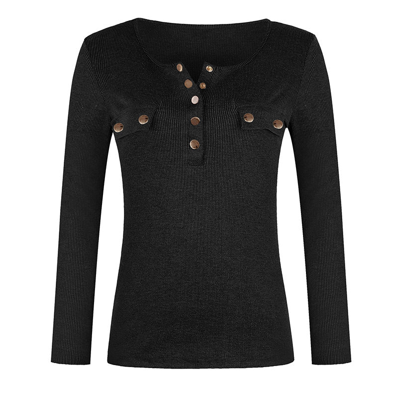 Fashion Long Sleeve Solid Color Button-s Ribbed Slim Blouse