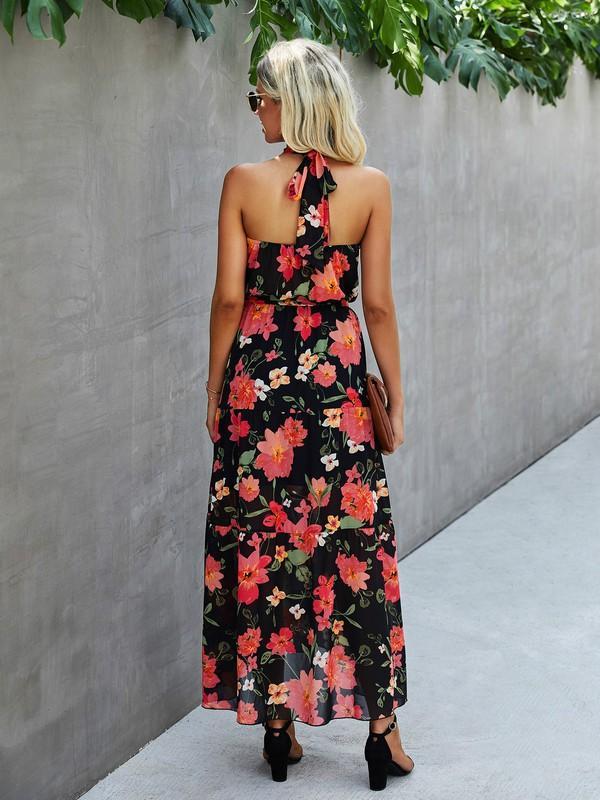 Sleeveless Backless Halter Neck Floral Maxi Dress