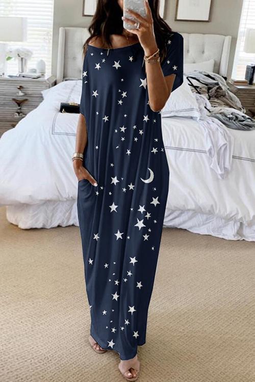 Moon Star Print Pockets Maxi Dress