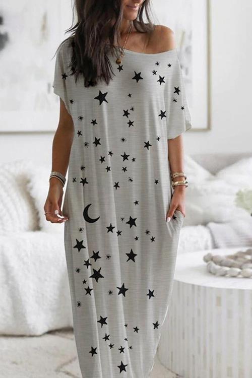 Moon Star Print Pockets Maxi Dress