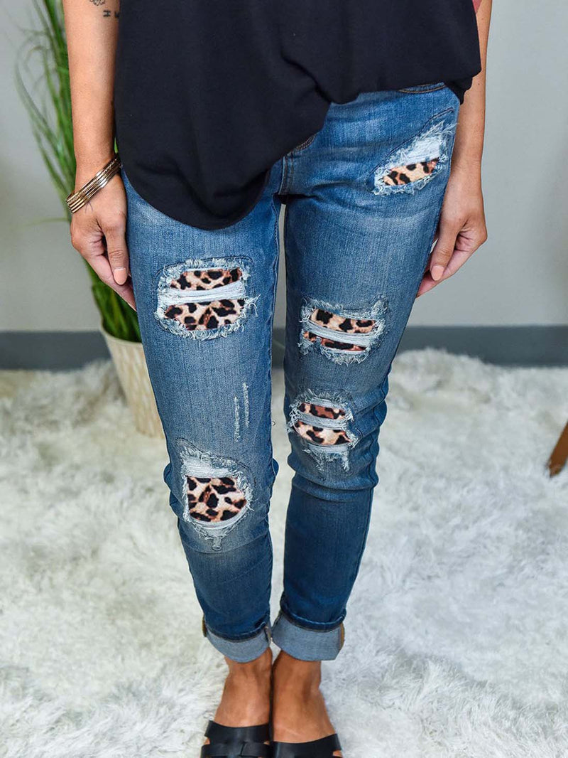 Skinny Leopard Patch Ripped Jeans