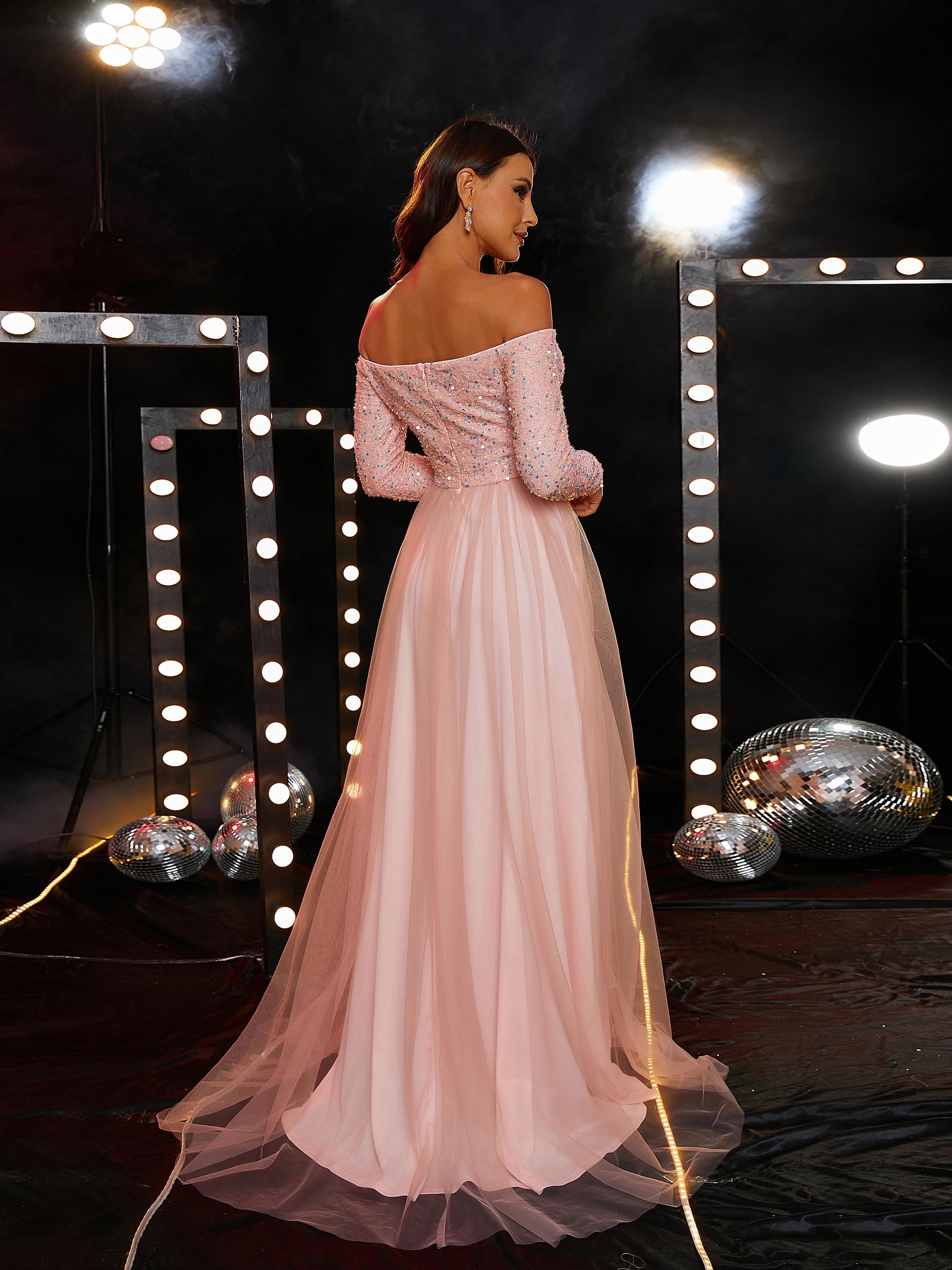 Off The Shoulder A-Line Sequin Pink Bridesmaid Dress RJ10697