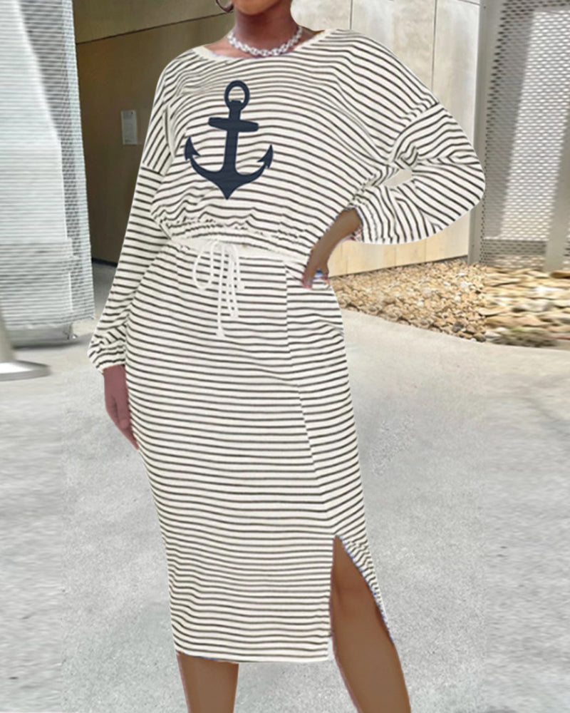 Anchor & Striped Pattern Drawstring Waist Top & Split Hem Skirt Set