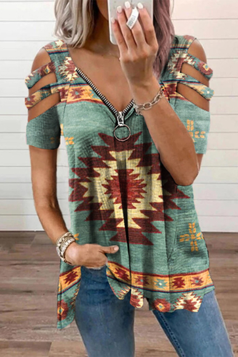 Casual Print Hollowed Out Zipper V Neck T-Shirts