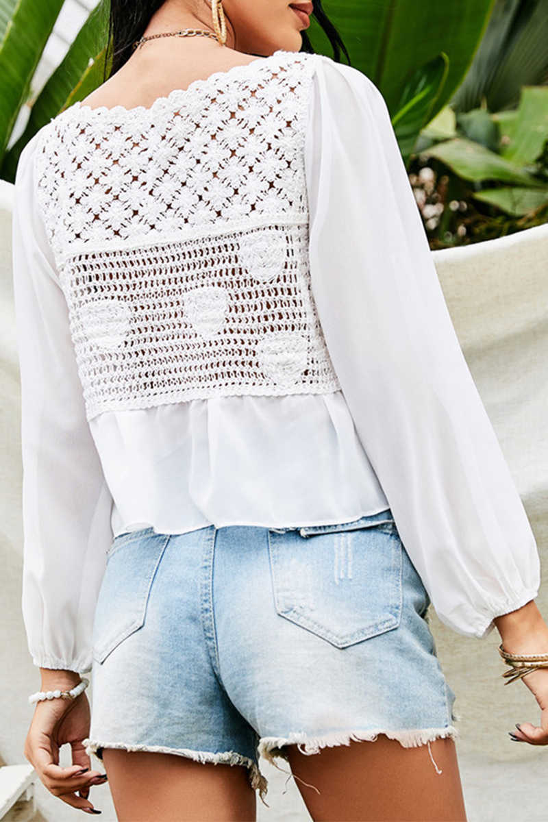 Casual Embroidery Lace Buttons V Neck Tops