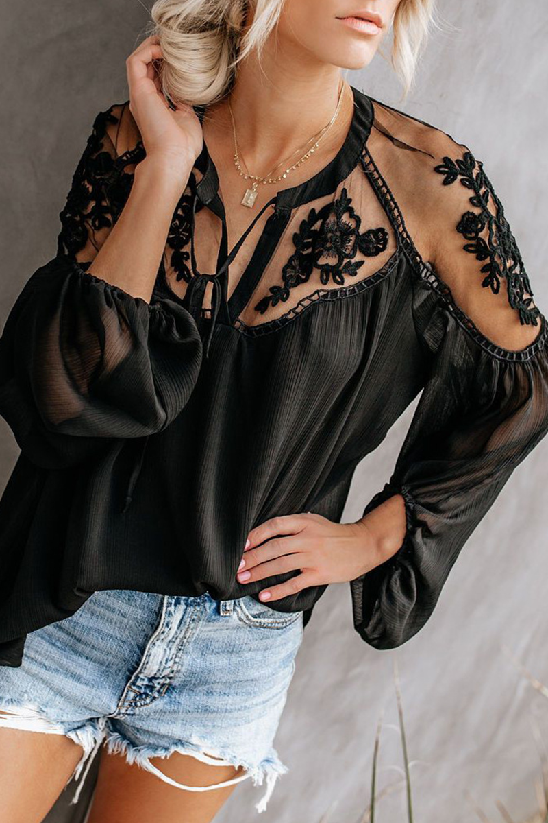 Fashion Elegant Solid Lace Frenulum See-through V Neck Tops(3 Colors)
