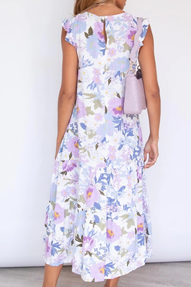 Elegant Floral Split Joint Flounce O Neck Irregular Dress Dresses