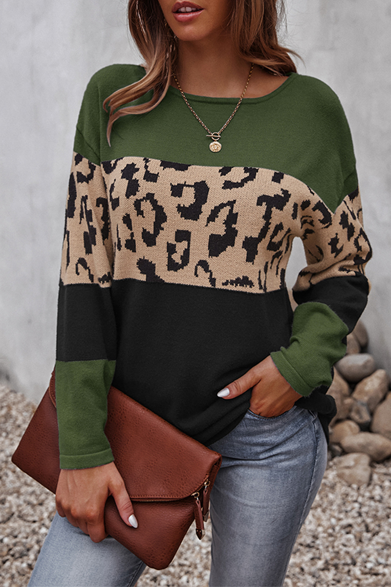 Casual Leopard Split Joint  Contrast O Neck Tops£¨4 colors£©