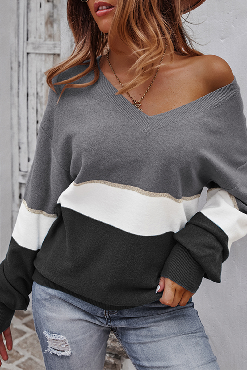 Casual Patchwork  Contrast V Neck Tops