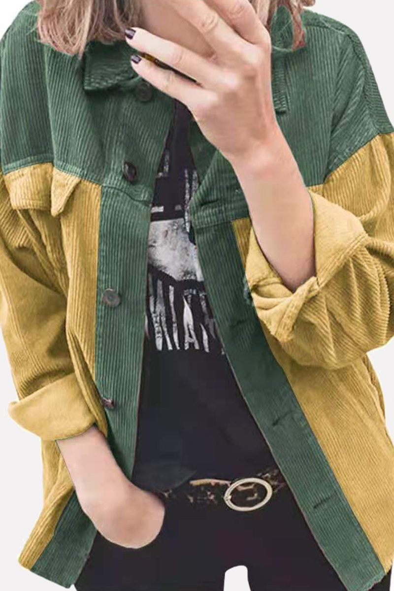 Casual Patchwork Buckle  Contrast Turndown Collar Outerwear