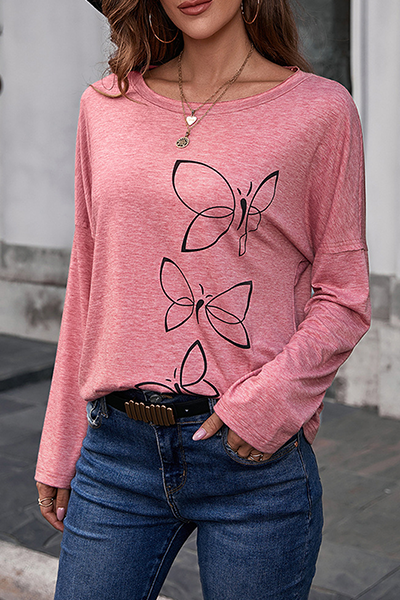 Casual Butterfly Print Split Joint Basic O Neck Tops