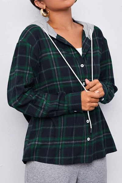 Casual Plaid Draw String Buckle Hooded Collar Outerwear