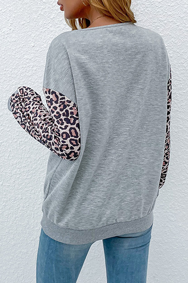 Casual Leopard Hollowed Out Split Joint V Neck Tops