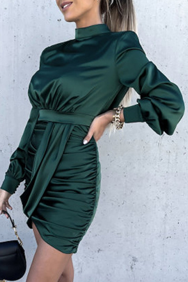 Fashion Elegant Solid Split Joint Fold Mandarin Collar Wrapped Skirt Dresses(3 colors)