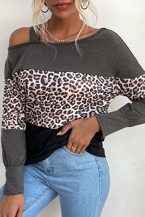 Casual Leopard Hollowed Out Split Joint Oblique Collar Tops