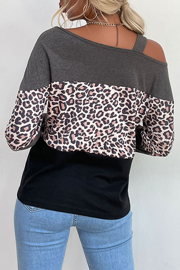 Casual Leopard Hollowed Out Split Joint Oblique Collar Tops