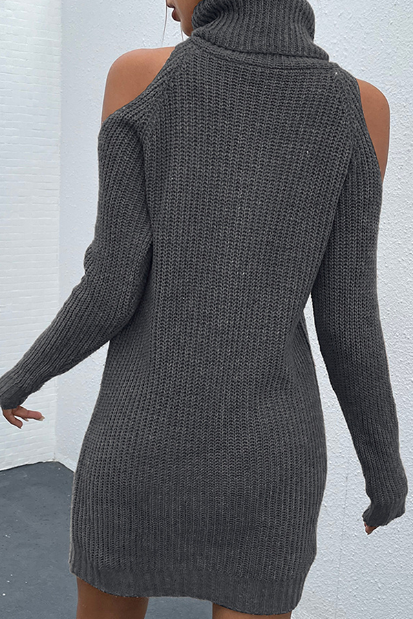 Casual Elegant Solid Hollowed Out Split Joint Turtleneck Dresses Sweater (Without Belt)