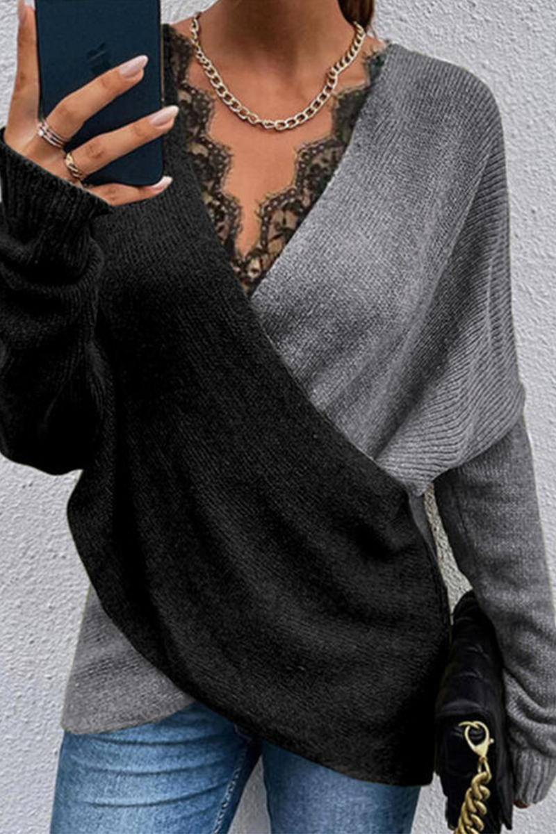Casual Patchwork Lace Contrast V Neck Tops(3 colors)