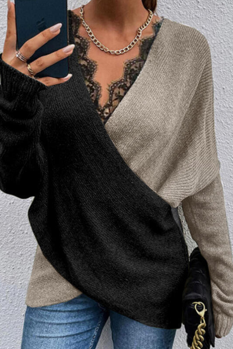 Casual Patchwork Lace Contrast V Neck Tops(3 colors)